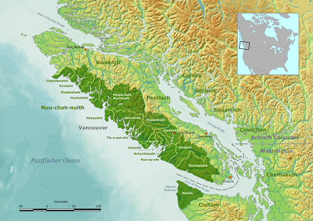 Karte des Gebiets der
                            Nuu-chah-nulth-Prim�rnation mit der
                            Einteilung der Untergruppen