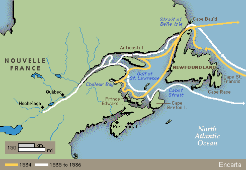 Karte der Expeditionen von Jacques
                          Cartier im heutigen Kanada
