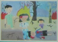 Kinderzeichnung mit einer Bombardierung
                            02 und 1 Toter