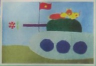 Kinderzeichnung mit einem Panzer der
                            Nordvietnam-Armee mit der Fahne Nordvietnams
                            mit dem gelben Stern auf rotem Grund