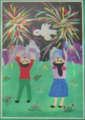 Kinderzeichnung einer
                            Friedenstaube mit Feuerwerk