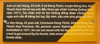 Agent-Orange-Opfer, Text: Le Van Hung
                              (23) ist aus der Gemeinde Dong Thinh,
                              Distrikt Dong Son, Provinz Thanh Hoa.
                              Seine Eltern haben 1971 auf dem
                              Schlachtfeld von Quang Nam gek�mpft. Er
                              kann nicht aufrecht stehen, kann seine
                              Beine niciht parallel halten, sondern er
                              muss immer auf allen Vieren gehen. Hier
                              holt er Stroh, und t�glich hilft er seiner
                              Familie beim Kochen.