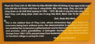 Agent-Orange-Opfer
                                                Thuy Linh, Text: Dies
                                                ist das strahlende
                                                Gesicht von Thuy Linh,
                                                deren Wunderbeine ihr
                                                das �berleben sichern,
                                                denn sie wurde ohne Arme
                                                geboren. Ihre Bestimmung
                                                ist ein weiteres Wunder,
                                                das sie bef�higte, eine
                                                begabte Malerin zu
                                                werden und eine erf�llte
                                                Zukunft zu haben, mit
                                                Hoffnung und
                                                Verheissung. Der
                                                Grossvater von Linh war
                                                ein
                                                Helikoptermechaniker,
                                                der von 1962 bis 1970
                                                mit Agent Orange
                                                gearbeitet hat. Er starb
                                                1972 an Leuk�mie. Nun
                                                wird Linh im
                                                Tu-Du-Spital im Dorf Hoa
                                                Binh gepflegt. Foto:
                                                Do�n D�c Minh