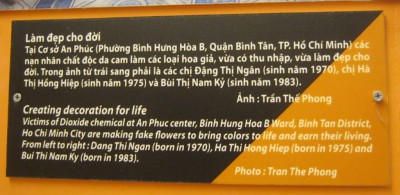 Drei Agent-Orange-Opfer machen
                                Kunsthandwerk, Dang Thi Ngan, Ha Thi
                                Hong Hiep, Bui Thi Nam Ky - Text: Sie
                                fabrizieren ein Leben lang Kunsthandwerk
                                Dioxin-Chemie-Opfer am Zentrum "An
                                Phuc", Stadtteil Bin Hung Hoa B,
                                Distrikt Binh Tan, Saigon (Ho Chi Minh
                                City). Sie machen Blumen, um Farbe ins
                                Leben zu bringen und ihren
                                Lebensunterhalt zu verdienen. Von links
                                nach rechts: Dang Thi Ngan (geboren
                                1970), Ha Thi Hong Hiep (geboren 1975),
                                und Bui Thi Nam Ky (geboren 1983).