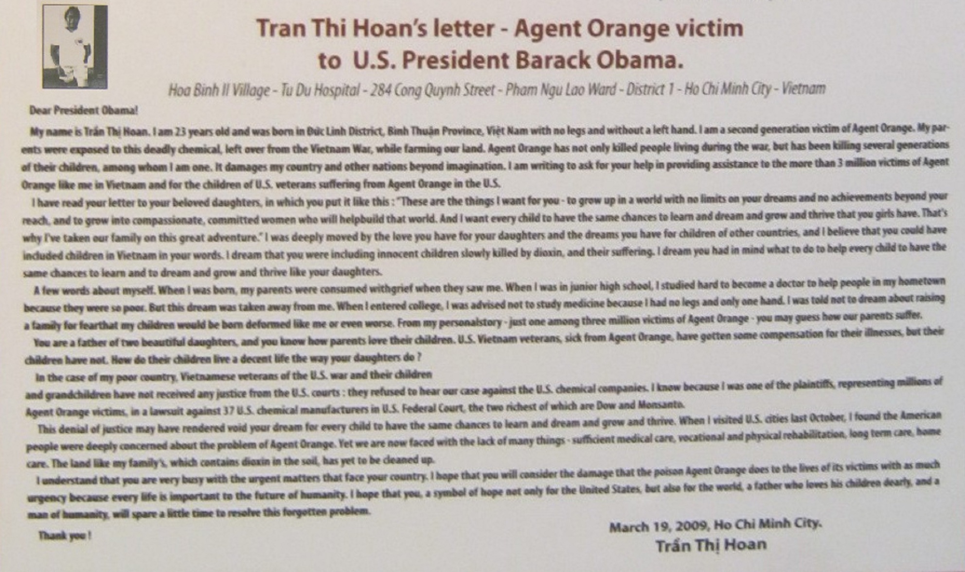Brief von
                              Agent-Orange-Opfer Tran Thi Hoan an den
                              Killerpr�sident Obama von 2009, Zoom