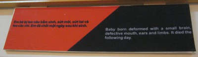 Agent-Orange-Opfer, Text: Dieses Baby
                              wurde deformiert mit einem kleinen Hirn
                              geboren, mit einer Mundspalte, mit
                              defekten Ohren und Gliedern. Es starb
                              einen Tag sp�ter.