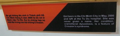 Agent-Orange-Opfer, Text: Dieses
                              M�dchen wurde im Mai 2000 in Saigon (Ho
                              Chi Minh City) geboren und dem
                              Tu-Du-Spital �berlassen. Das Baby hatte
                              nie einen Namen. Die Krankheit ist
                              kraniofaziale Dysostose, ein Merkmal des
                              Crouzon-Syndroms.