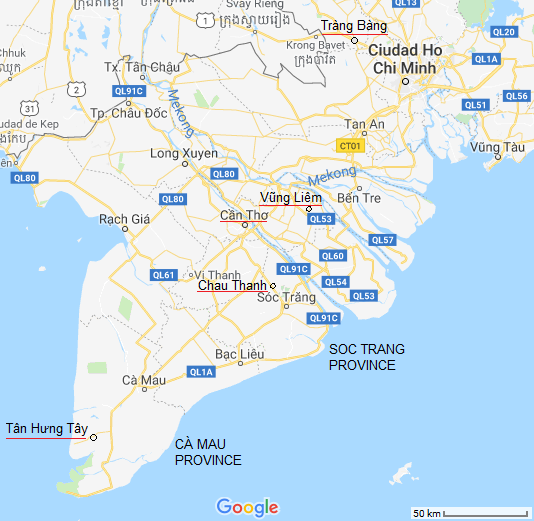 Karte von S�dvietnam
                                    mit den bombardierten Orten, die im
                                    Kriegsmuseum von Saigon / HCMC
                                    erw�hnt werden: Tr�ng B�ng, Vung
                                    Li�m, Can Tho, Chau Thanh und T�n
                                    Hung T�y