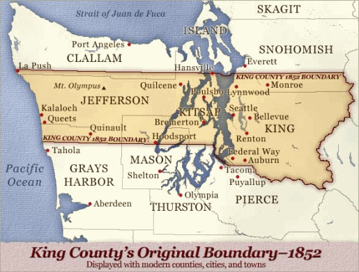 Karte mit
                    der Bucht von Seattle und der kartographischen
                    Einteilung der weissen Rassistenregierung der
                    "USA" mit der Gr�ndung von "King
                    County" 1852