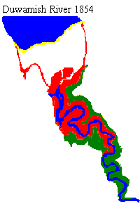Der
                      Duwamish-Fluss , Duwamish river fliesst 1854 noch
                      in freien M�andern